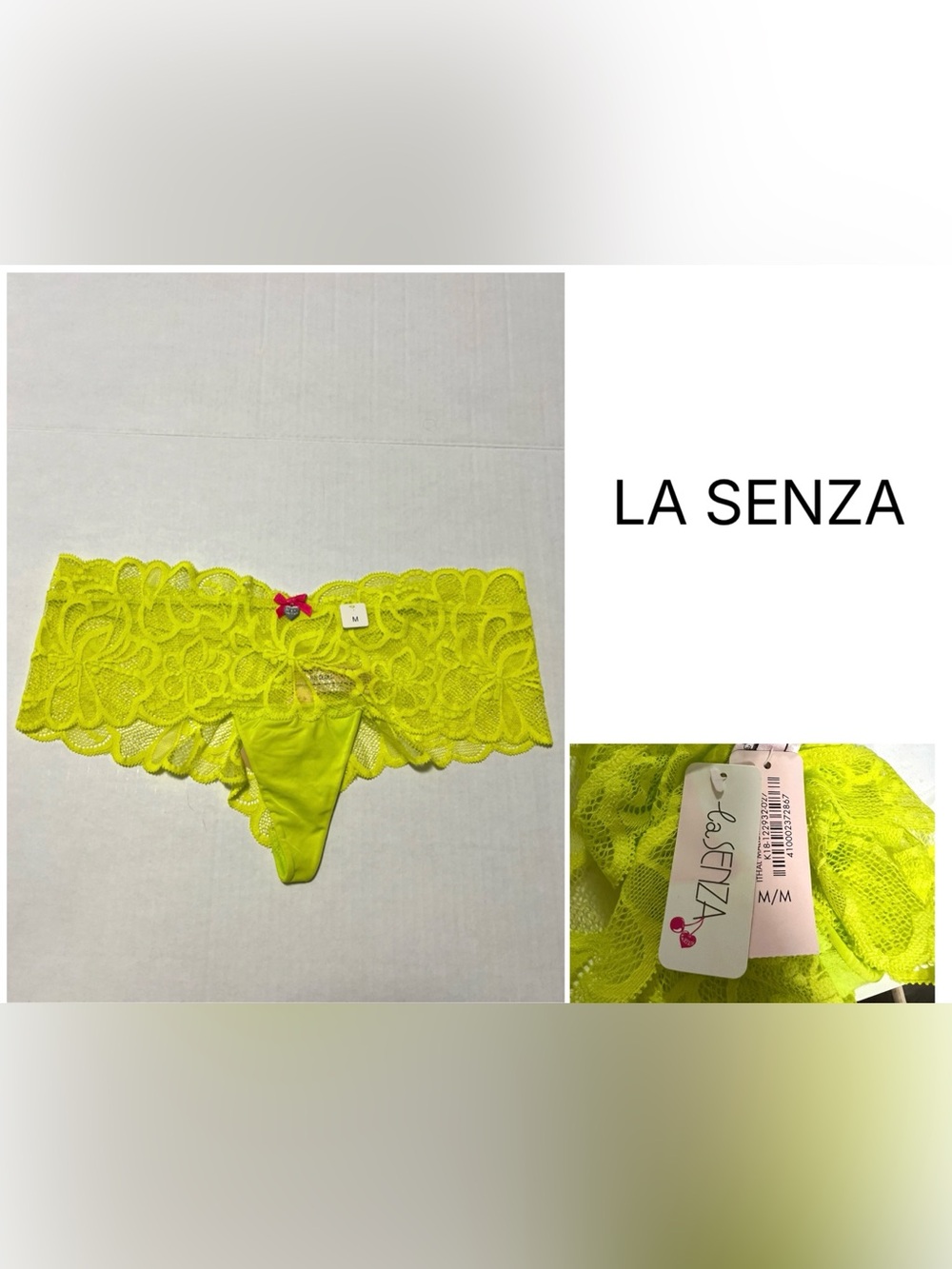 LA SENZA - NWT - M MEDIUM - NEON GREEN YELLOW BRAZILIAN CHEEKY LACE THONG PANTY